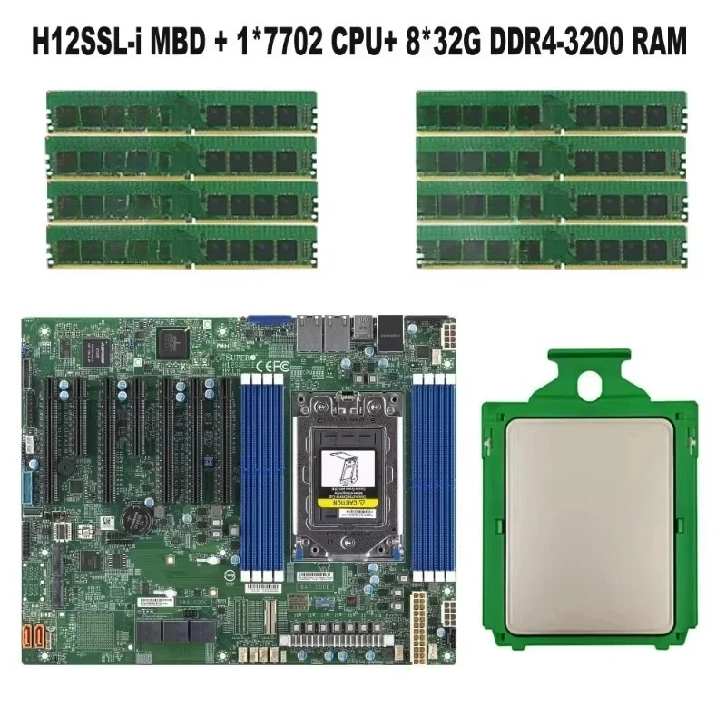 

FOR Supermicro H12SSL-i Motherboard / AMD EPYC 7702 2.00GHz 64C/128T 256M CPU Processor / 8pcs* 32G=256G RAM Memory DDR4 3200m