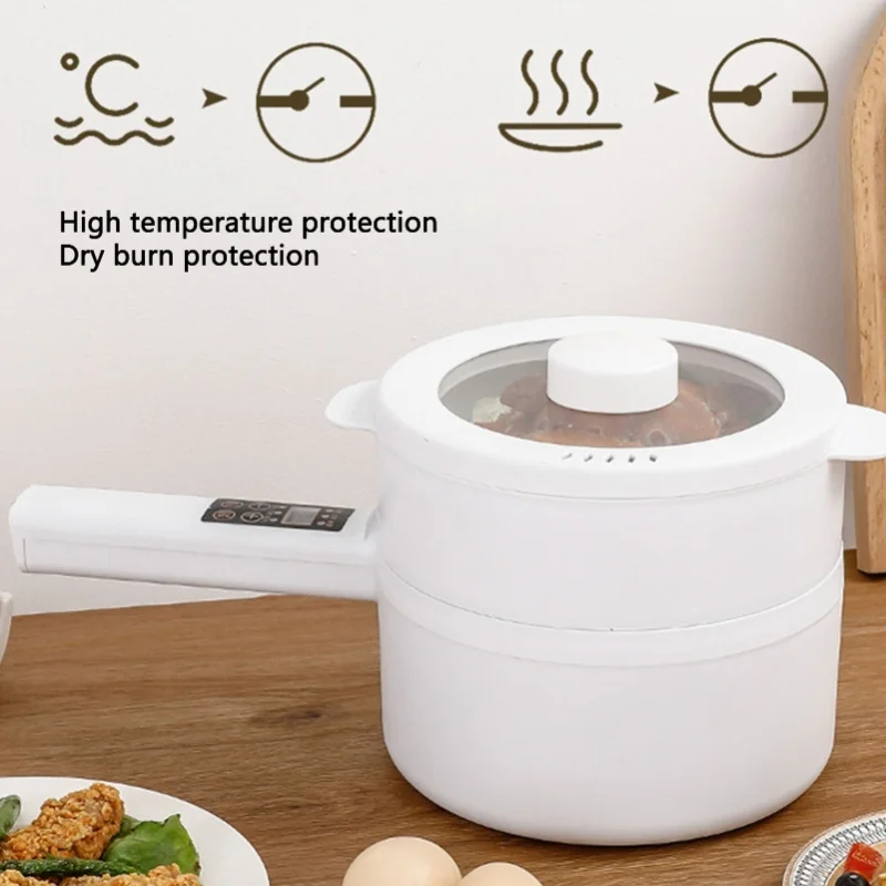 Electric Cooking Pot With Steaming Pot 600W 1.8L Long Handle Portable Multifunction Noodle Cooker For Dorm Office