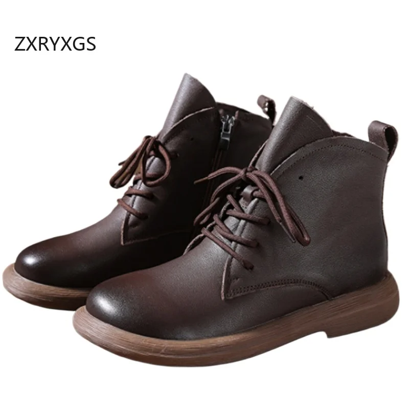 

ZXRYXGS Temperament Top Layer Cowhide Leather Boots Flat Soft Sole Comfortable Women Trendy Boots 2025 New Autumn Winter Boots