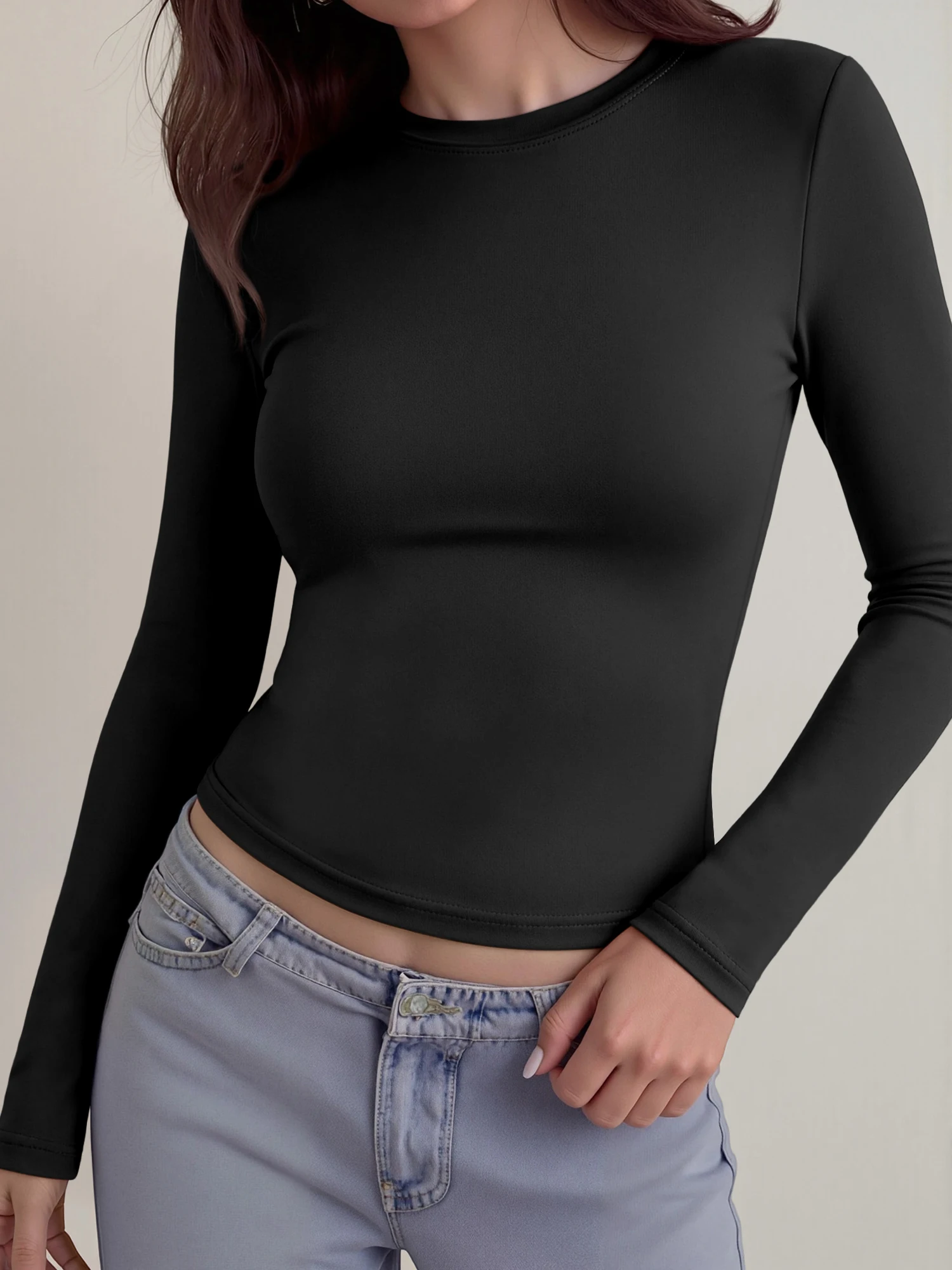 Ladies Y2K Spicy Girl Crew Neck Cropped Long Sleeve T-shirt Solid Soft Stretch Slim Tee Autumn Daily Street Casual Tops view 2