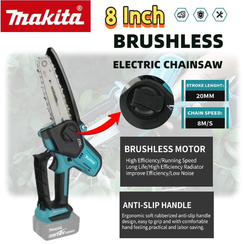 

Makita 8-дюймовый аккумуляторный электроинструмент по дереву, цепная пила, бесщеточная портативная электрическая пила для лесозаготовок по дереву, ручная бензопила для обрезки сада