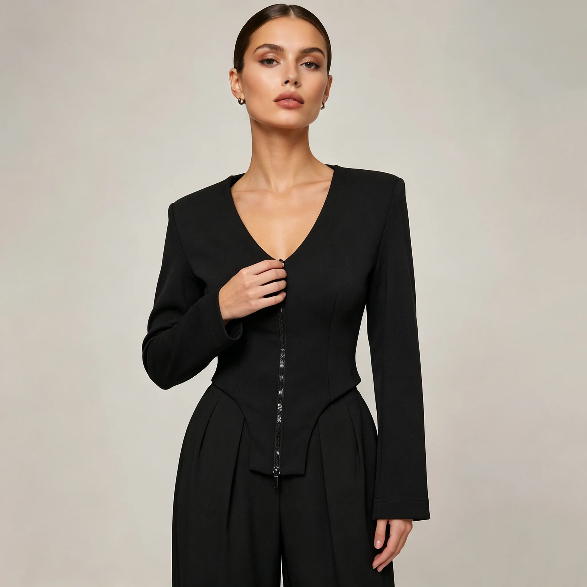 RU 2026 New Women Deep V Vertical Zip Padded Shoulder Cinched Waist Fish Tail Hem Slim Long Sleeve Tailored Formal Jacket