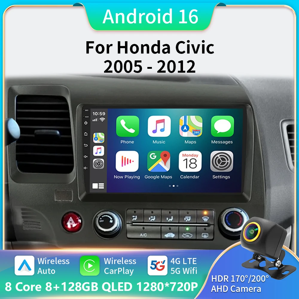 

9-дюймовый автомобильный стерео радио Android 13 Carplay для Honda Civic 8 2005-2012 Мультимедийный плеер Навигация GPS 2 Din 4G Audio DVD