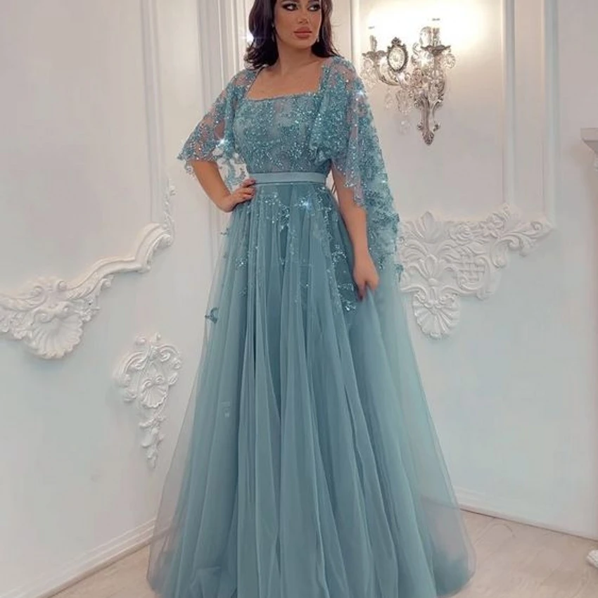 Custom Ice Blue Cap Shawl Sleeve Evening Dress A line Beaded Appliques Tulle Long vestidos de novia C2418