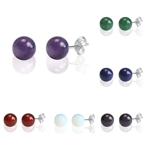 Fashion Simple Classic Natural Stone Opal Crystal Amethyst Aventurine Ball Round Bead Silver Stud Earring for Women Jewelry Gift