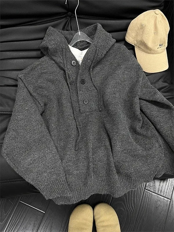 

Extra Large 300 Pou Hooded V-Ne Knitwear ex Autumn Winter High End Feel American Retro Sle Men's Casual Outerwear