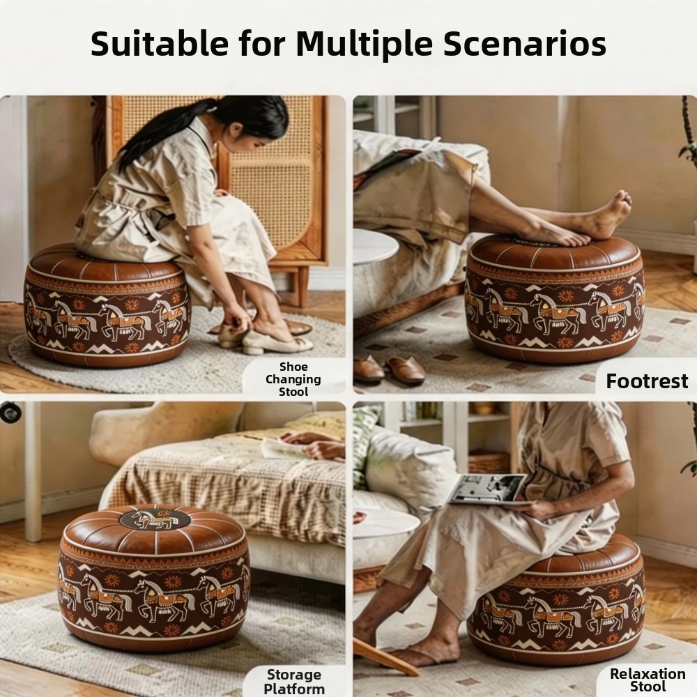 Foot Rest PU Leather Sofa Stool Cover Unfilled Round Storage Leg Bench Foldable Water Resistant Storage Ottoman Tatami