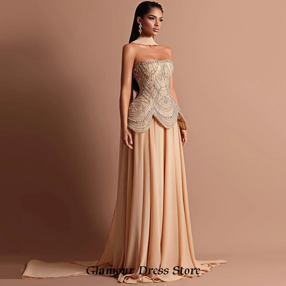 Soft Chiffon Customized Evening Dress Exquisite Strapless Sleeveless Dresses 2025 Woman Luxury Crystal Ribbons Celebrity Gowns image 2