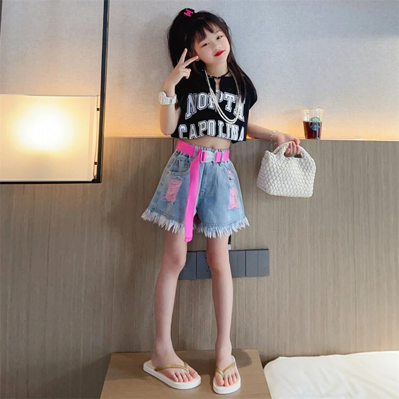 Girls Denim Shorts for Kids Fashion Summer High Waist Pink Yellow Color Ripped Shorts with Free Belt 4 5 6 7 8 9 11 12 13 14Year