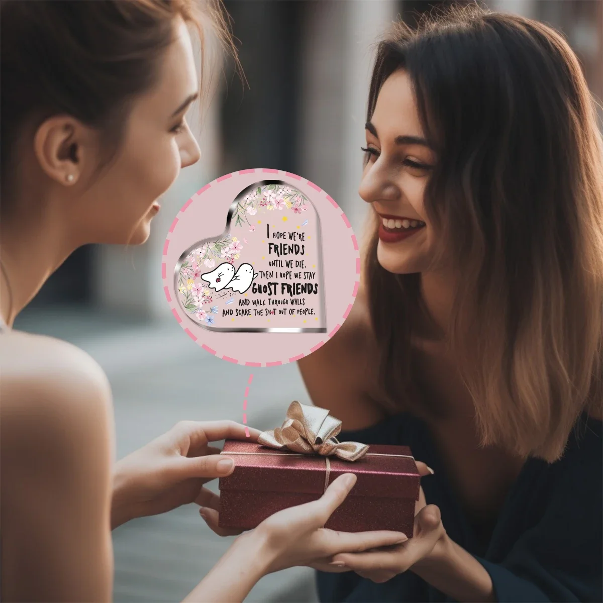 Cute Ghost Floral Acrylic Heart Sign Gift for Bestie Friendship Keepsake,I Hope We’re Friends Until We Die Acrylic Heart Tabletop Ornament