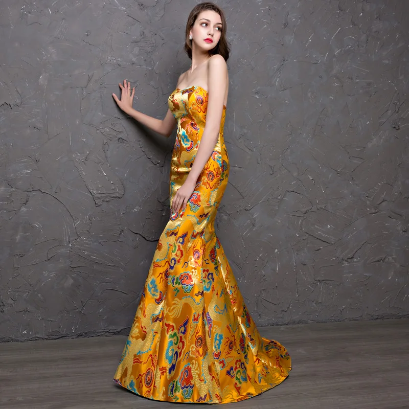 Wholesale of new printed red, golden, dragon patterned Chinese fishtail wedding dresses with floor length tail and waist length