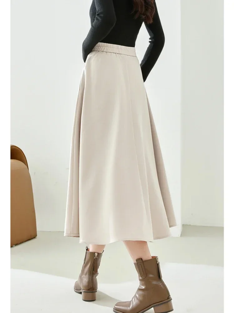 Vimly Elegant A Line Midi Skirts for Women 2023 Fall Fashion Side Pockets Elastic Waist Swing Flared Skirt Female Clothing M2573