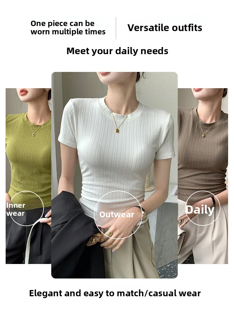 Sommerliches neues Damen-Rundhals-T-Shirt, gestricktes Kurzarm-Oberteil, lässiges Allround-T-Shirt, gestreiftes Basic-Shirt, schmal geschnitten, atmungsaktiv – Detail 4
