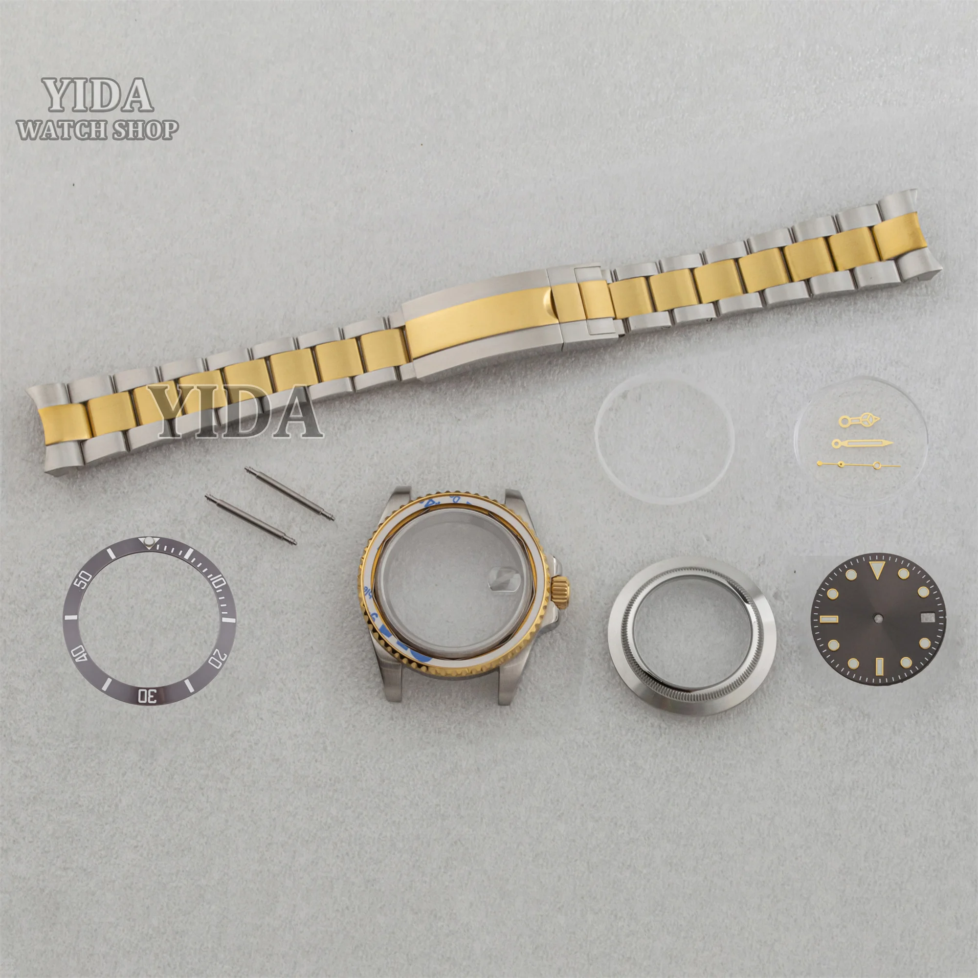 NH35 Cassa 40MM Argento Oro Cassa per orologio in acciaio inossidabile Oyster Band Quadrante Lancette luminose Parte posteriore trasparente per movimento SUB GMT NH34 NH36