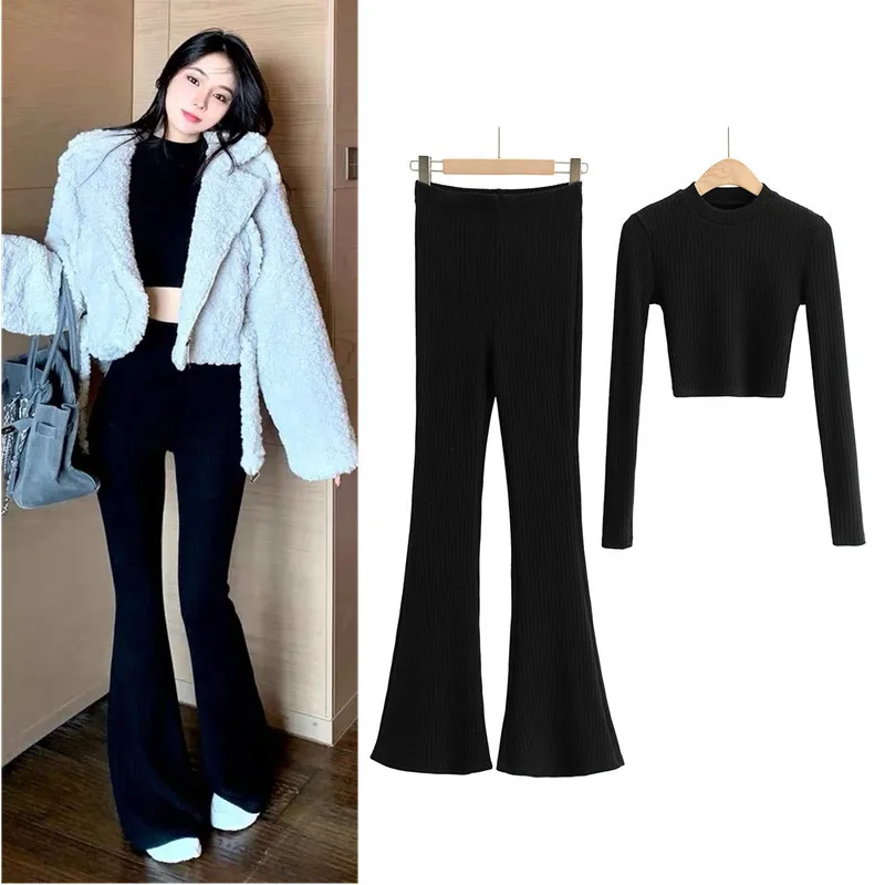 Women Long Sleeve Sexy Crop Top 2Pc Sets Flare Pants Spring Solid O-neck Pullover High Waist Trousers Party Festival Y2K Outfits