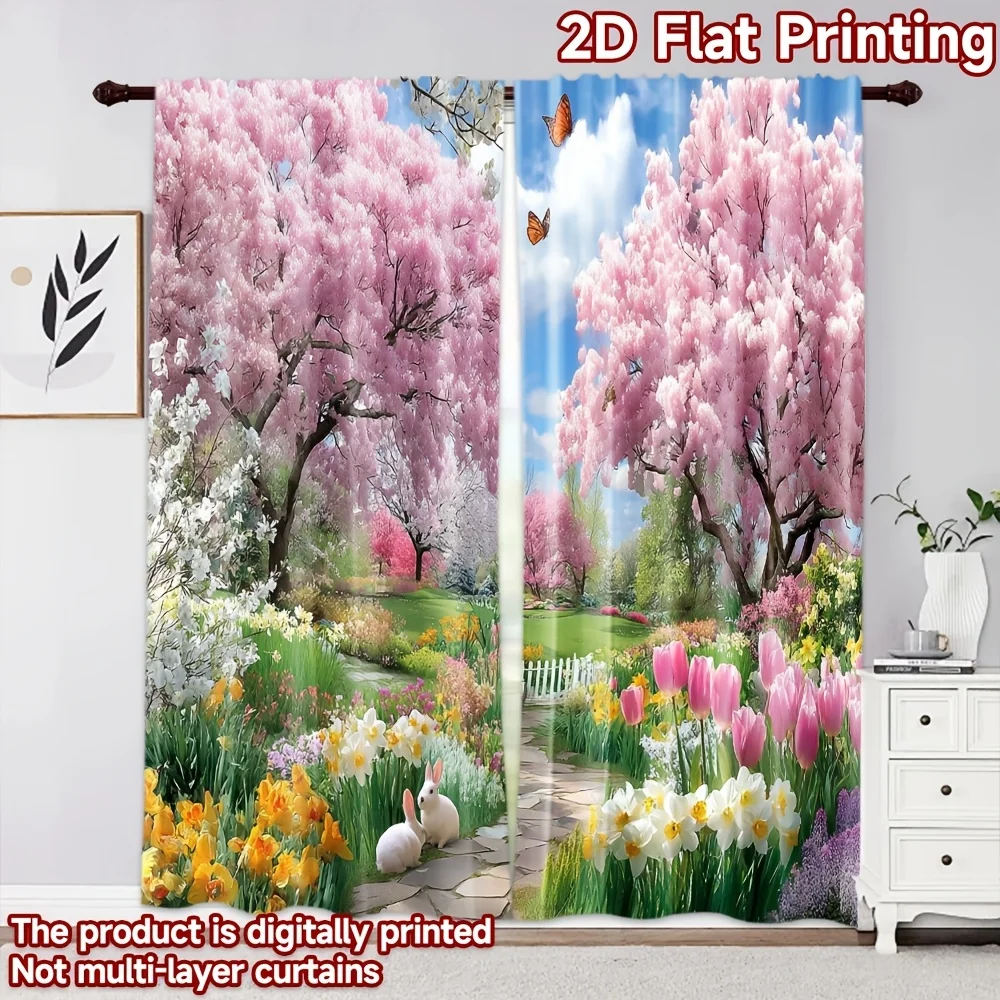 Spring Floral Cherry Tree Curtain 2 Panels, Colorful Tulip White Rabbit Butterfly Lawn Path Print Homestay Bedroom Decor Curtain