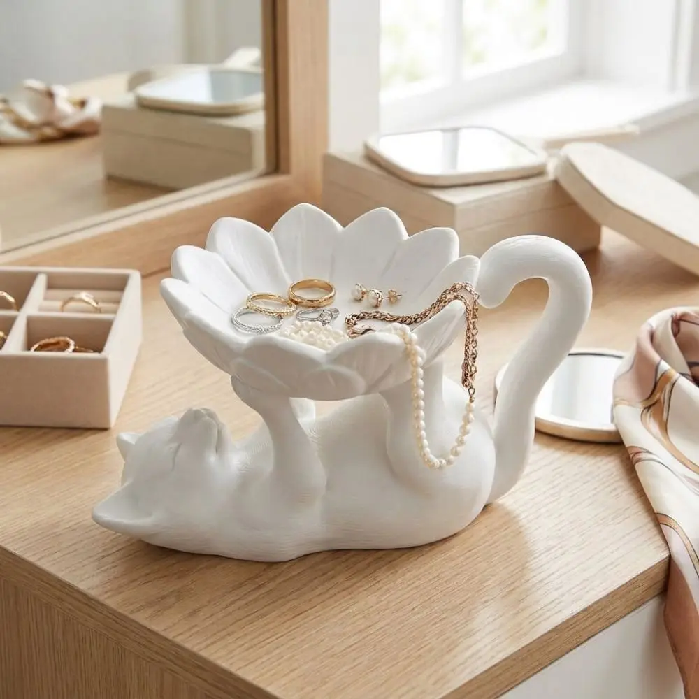 3D Printed Cat Lotus Jewelry Tray Cat Holding Lotus Cartoon Ring Storage Holder Stable Base Waterproof Cat Decor Storage Statue