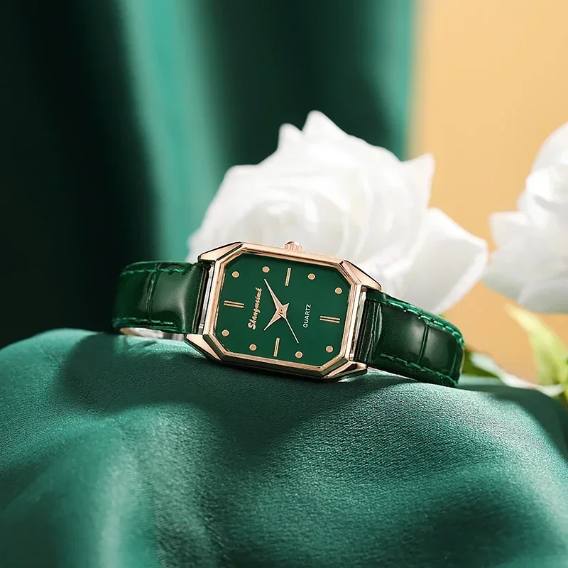 Luxury Women Watches Fashion Square Ladies Quartz Watch Bracelet Green Dial Simple Rose Gold Dial Mesh Women Watches