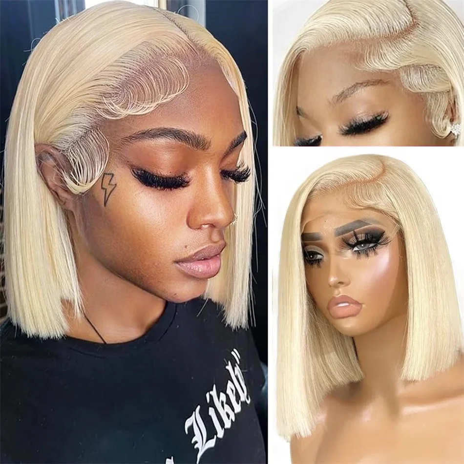 Honey Blonde 613 Short Straight Bob Wigs, Cheveux humains vierges, Densité 210%, 13x4 Transparent Lace Frmeds