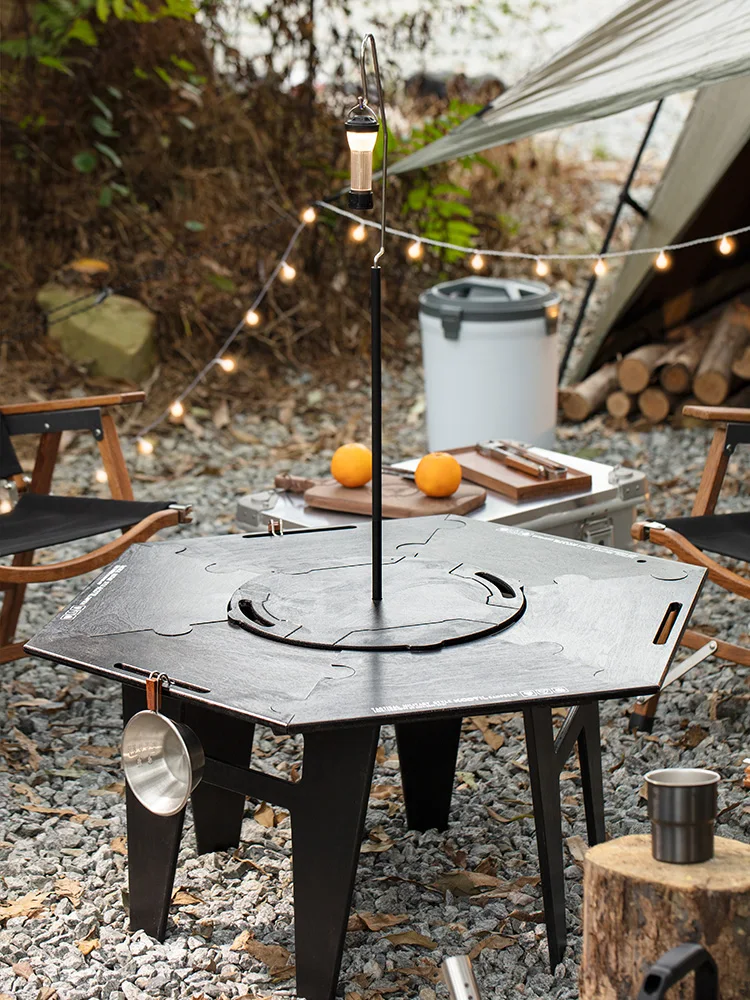 Hexagonal Table Cooking Tea By The Fire Outdoor Foldable Barbecue Grill Patio Camping Functional Combination Mesa Camping Table