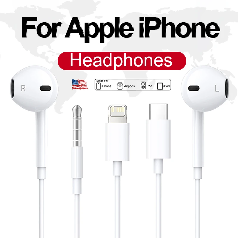 Original Headphones For Apple iPhone 16 15 14 13 11 12 Pro Max Plus In-ear Lightning USB C Wired Bluetooth Earphones Accessories