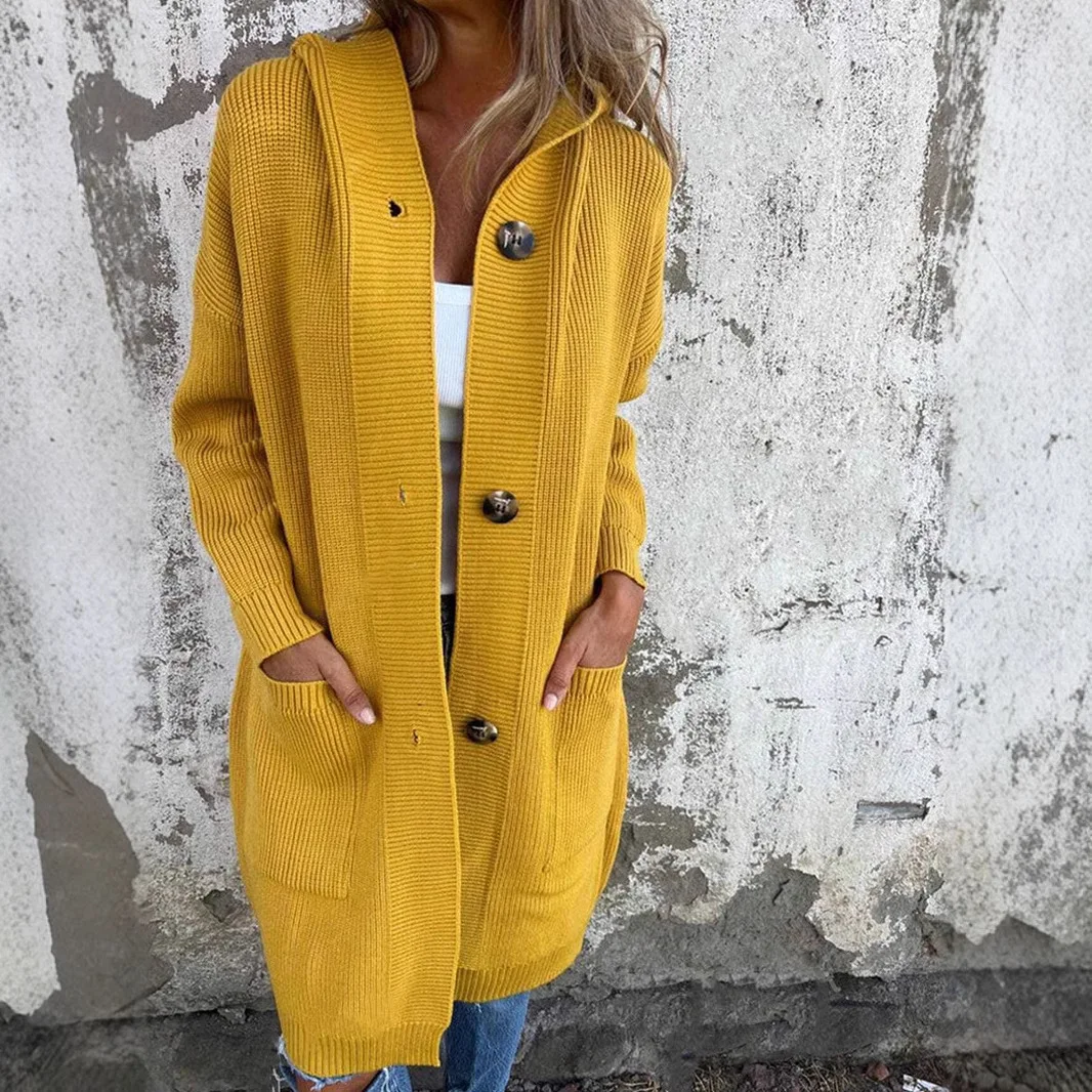 

Women's Clothing Autumn Winter Sweater Cardigan Fashion Long Style Pocket Buttons Hooded Knitted Jacket Women