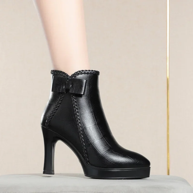 White Black High Heel Ankle Boots Women 2024 Pointed Toe Keep Warm Elegant Short Booties Ladies Ankle Buckle Decoration