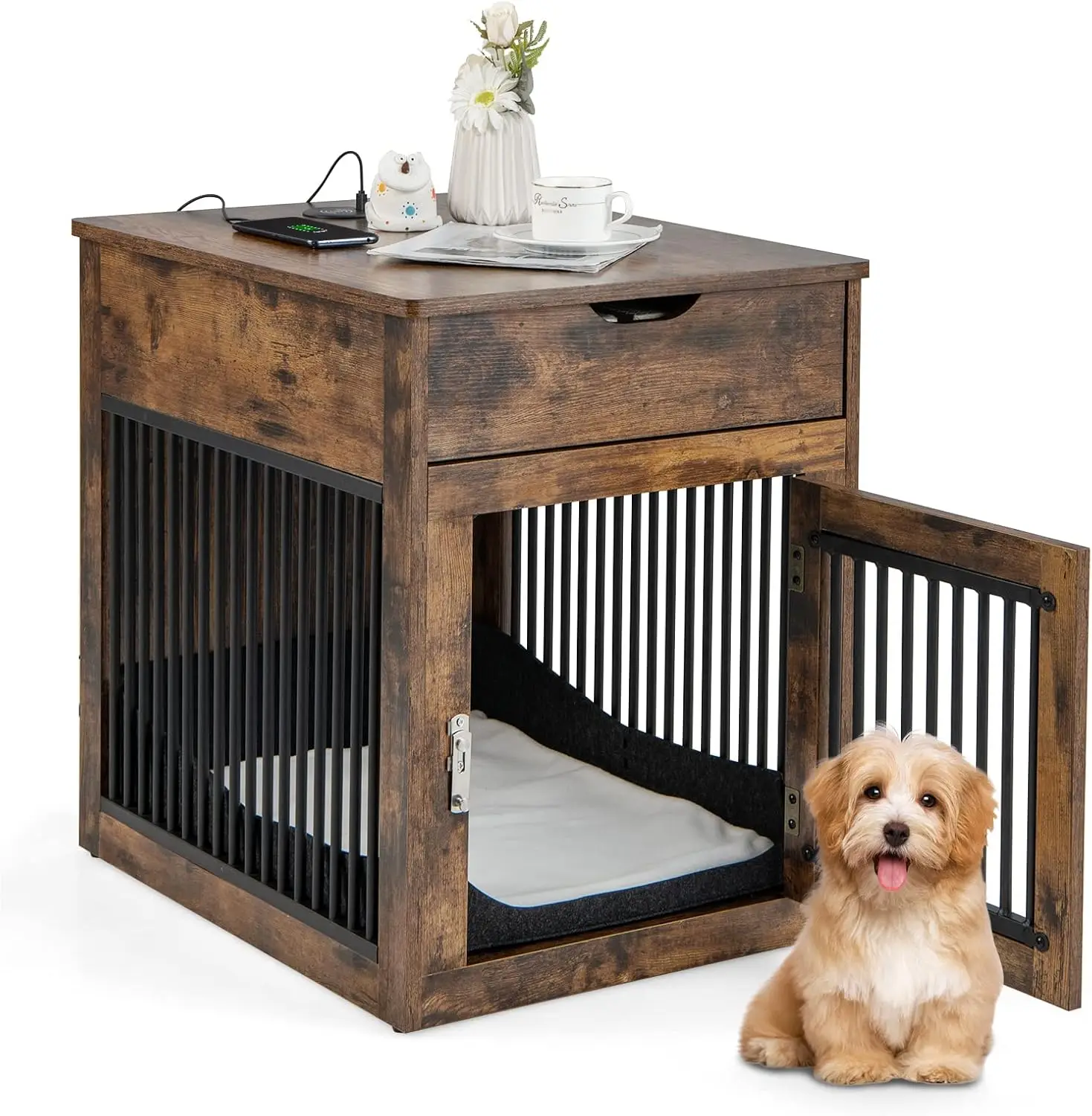 

PETSITE Furniture Style Dog Crate, Decorative Dog Kennel End Table with USB & Wireless Charging Station, Storage Drawer