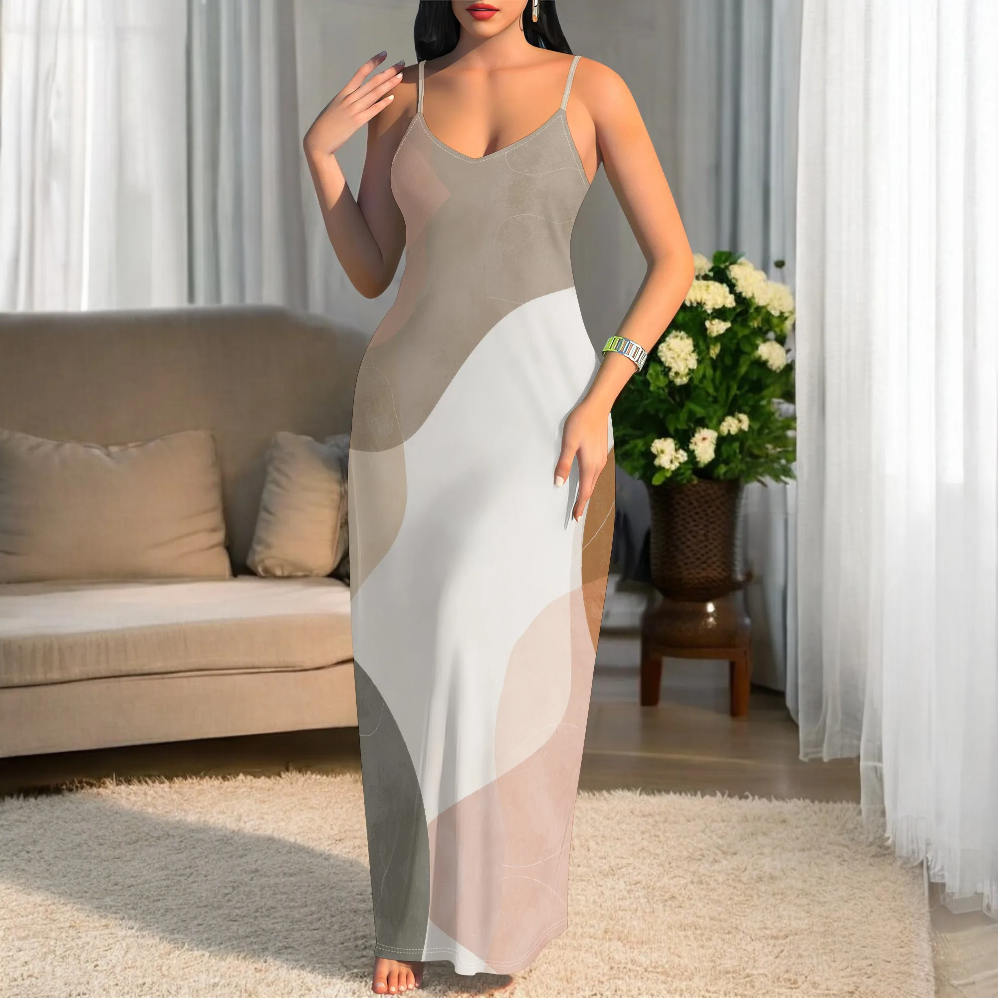 

Women's Abstract Print Maxi Dress V-Neck Spaghetti Strap Loose Dress for Casual Holiday Vacation Wear S-3XL