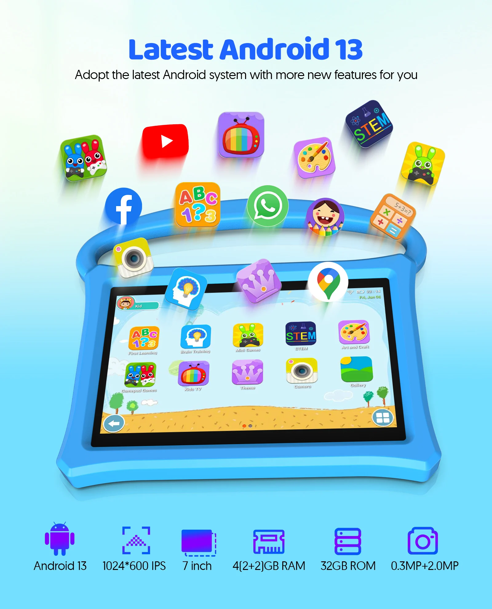 Tablet Android 13, tablet per bambini da 7 pollici, processore quad-core, 4 GB (espansione 2G-memoria) RAM+32 GB ROM, con contr parentale