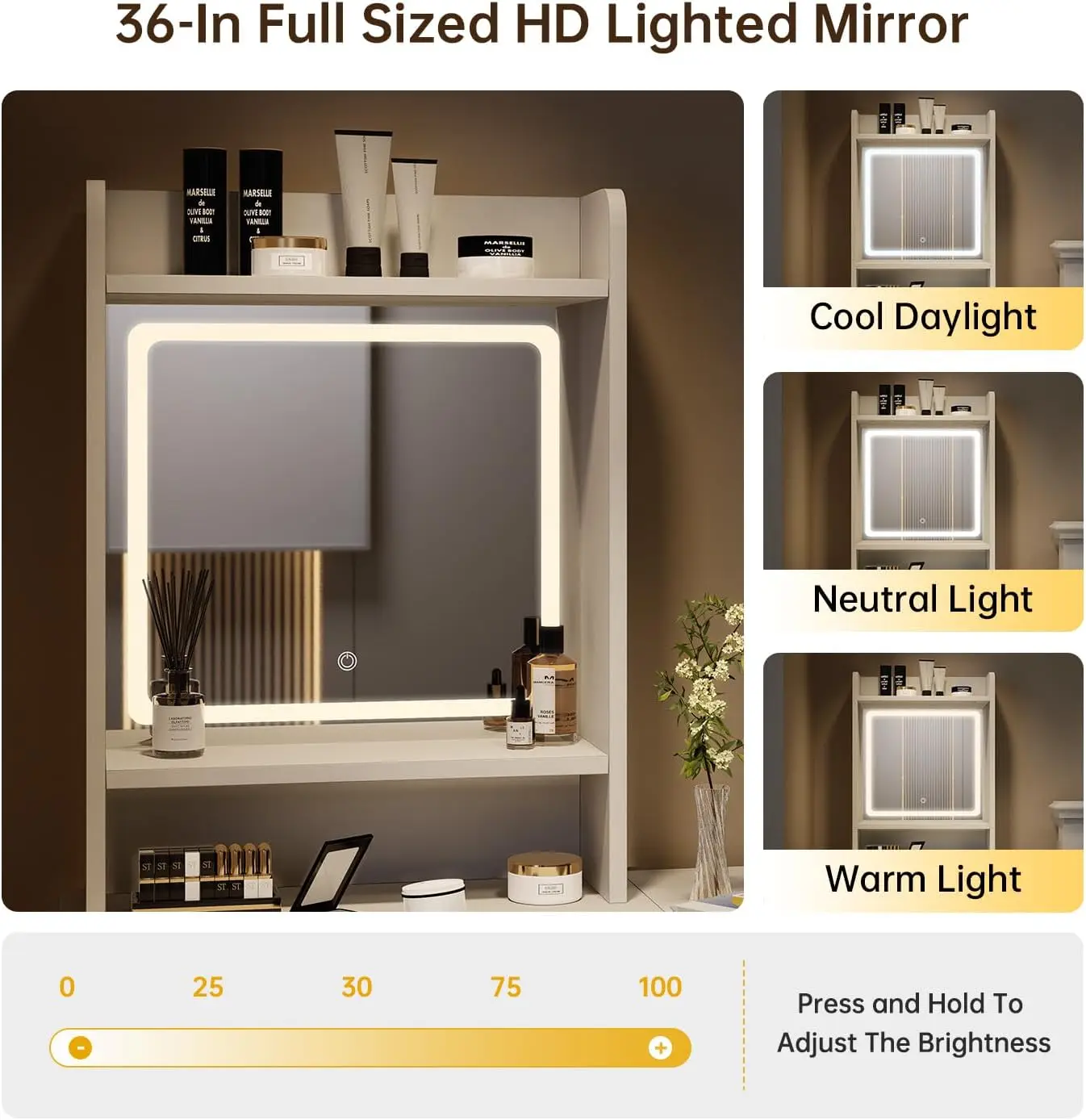 oneinmil Small Vanity Desk Set with LED Lighted Mirror & Power Outlet, Makeup Vanity Desk for Small Space, White Dressing