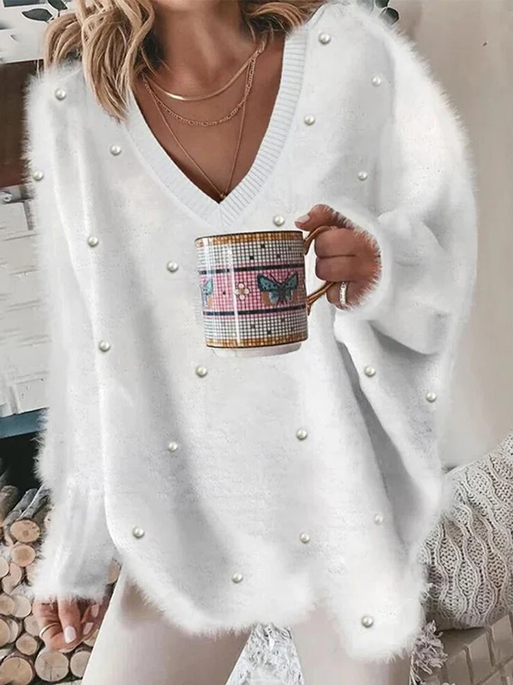 Women\'s Pullover Sweater Jumper Ribbed Knit Oversized Solid Color V Neck Stylish Casual Outdoor Daily Fall Winter