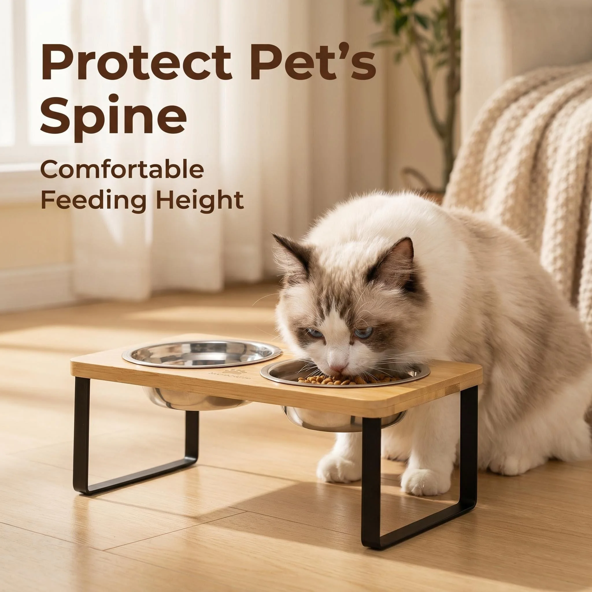 Double gamelle pour animaux de compagnie en acier inoxydable avec support en bambou – Surélevée, antidérapante, ergonomique pour le cou, facile à nettoyer, idéale pour la nourriture et l'eau des chats et des chiens