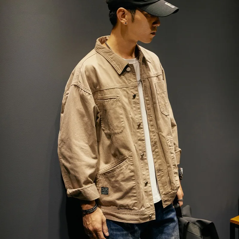 Man Cargo Coat Spring Autumn Vintage Turn Down Collar Single-breasted Male Outerwear Thin Simple Long Sleve Outdoor Men Jacket