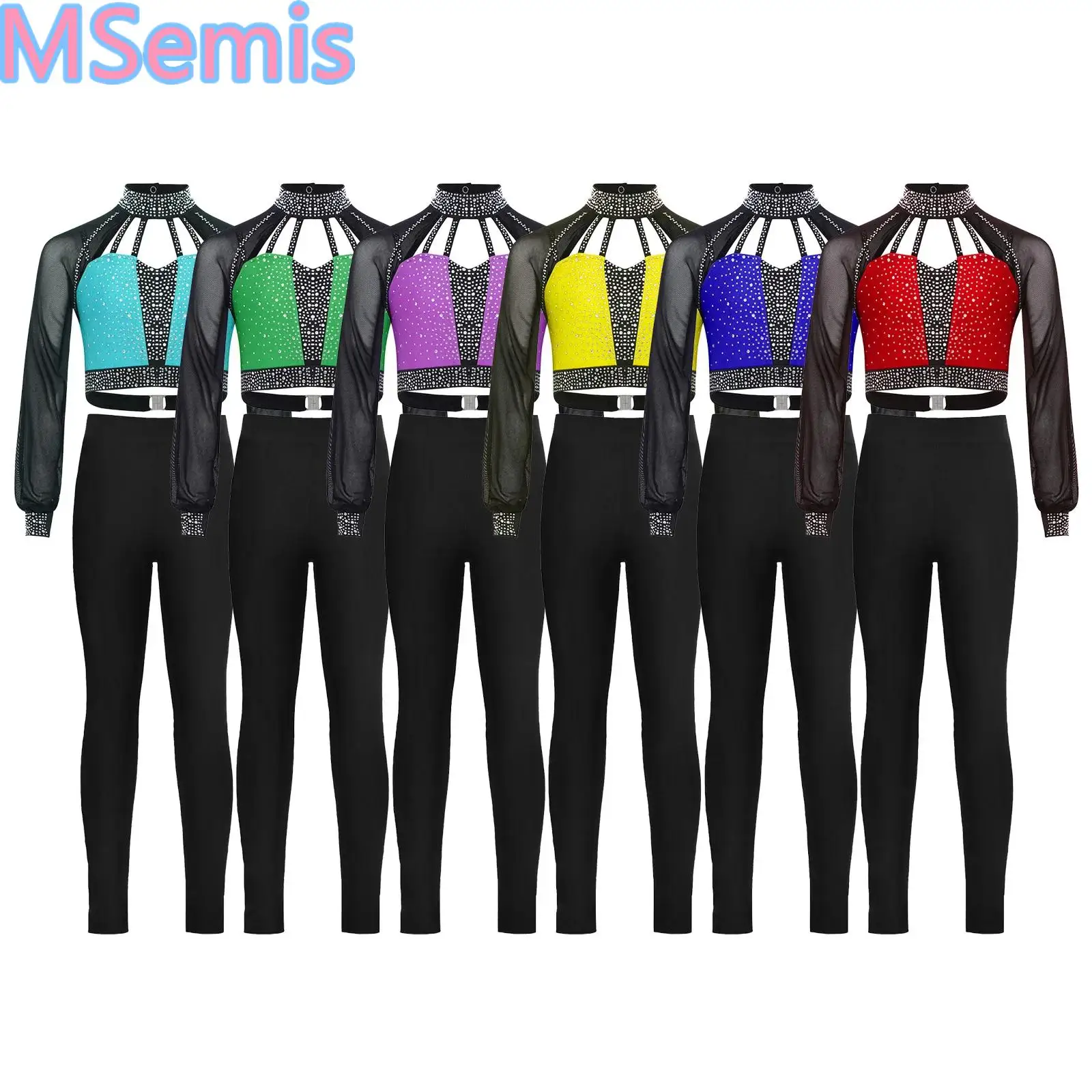 

Kids Girls Color Block Dance Outfit Figure Skating Sheer Mesh Long Sleeves Cutout Back Shiny Rhinestones Crop Top with Leggings