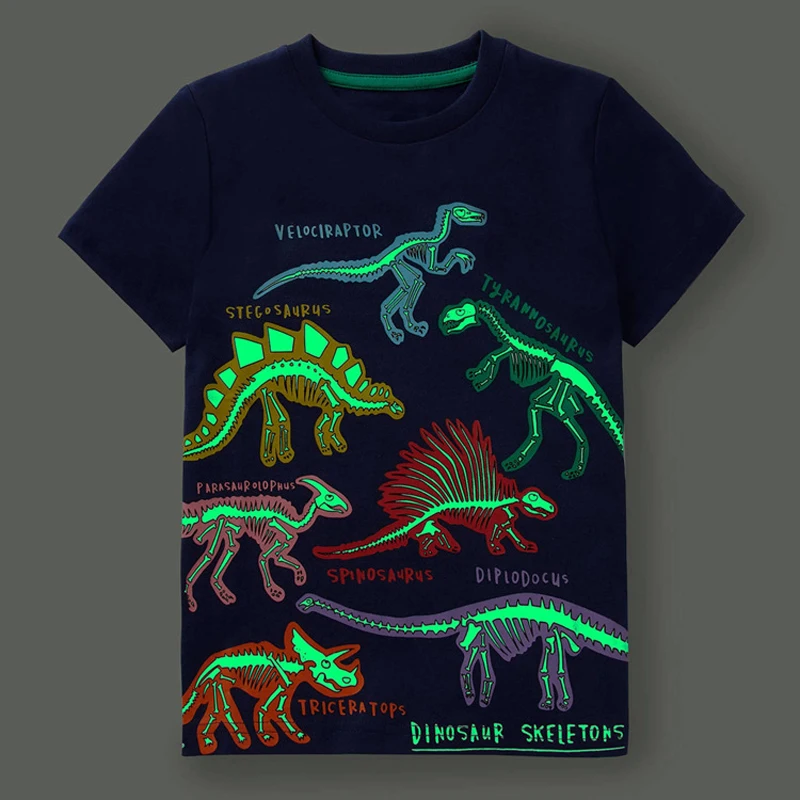 TUONXYE Summer Boys Luminous T-shirt Short Sleeve Cartoon Dinosaur Shark Stripes Excavator Cotton Breathable Soft Clothes