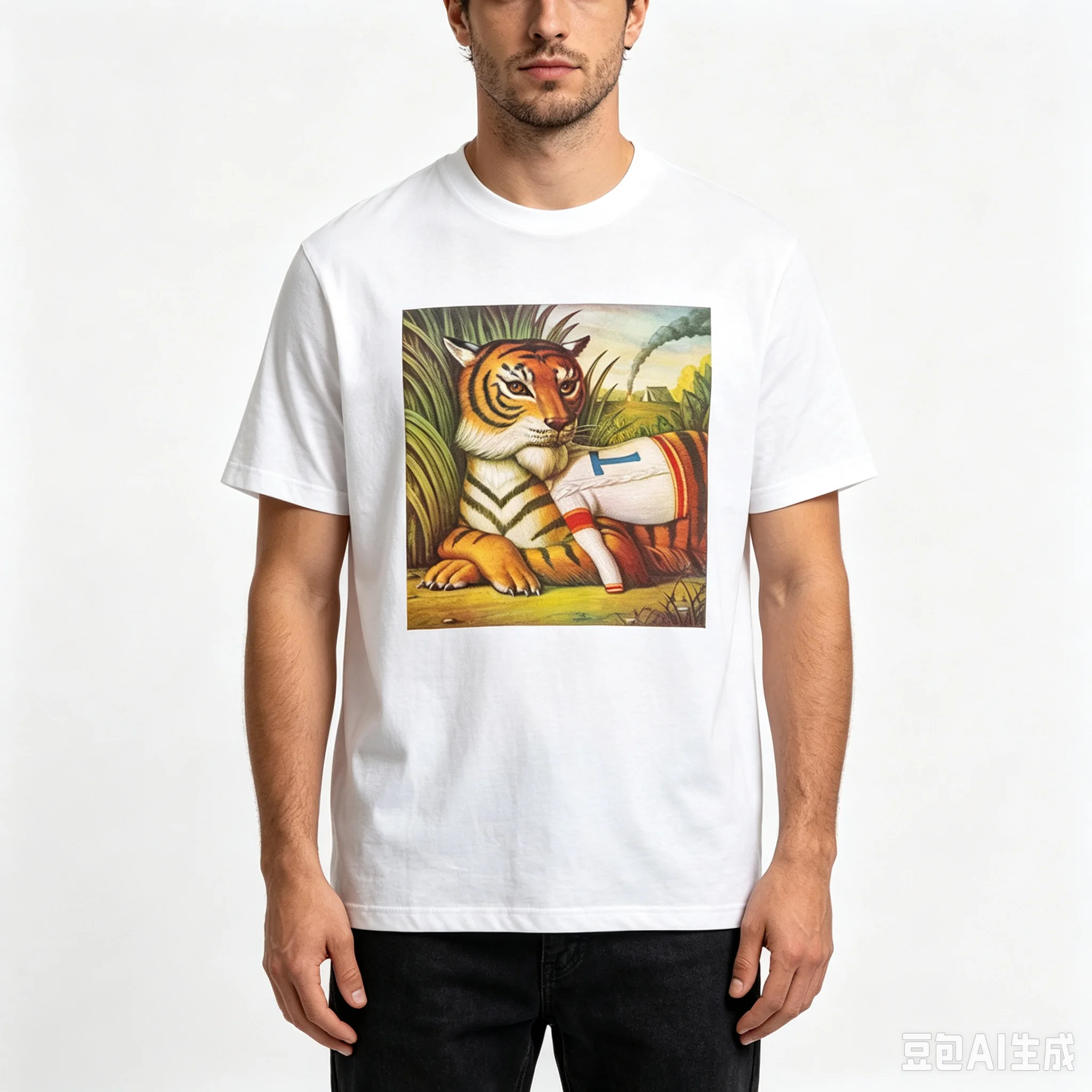 Cotton  100% Unisex Vintage Tiger Oil Painting Graphic T‑Shirt Art Animal Print O‑Neck Short Sleeve Tee Casual Streetwear Men