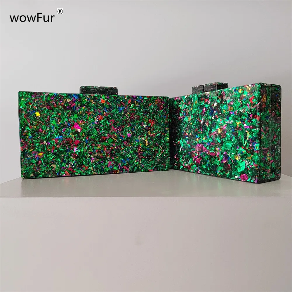 Big Green Glitter Acrylic Box Clutches Shoulder Bag Women Handbags Ladies Sac A Main Femme Evening Wedding Party Flap Purse