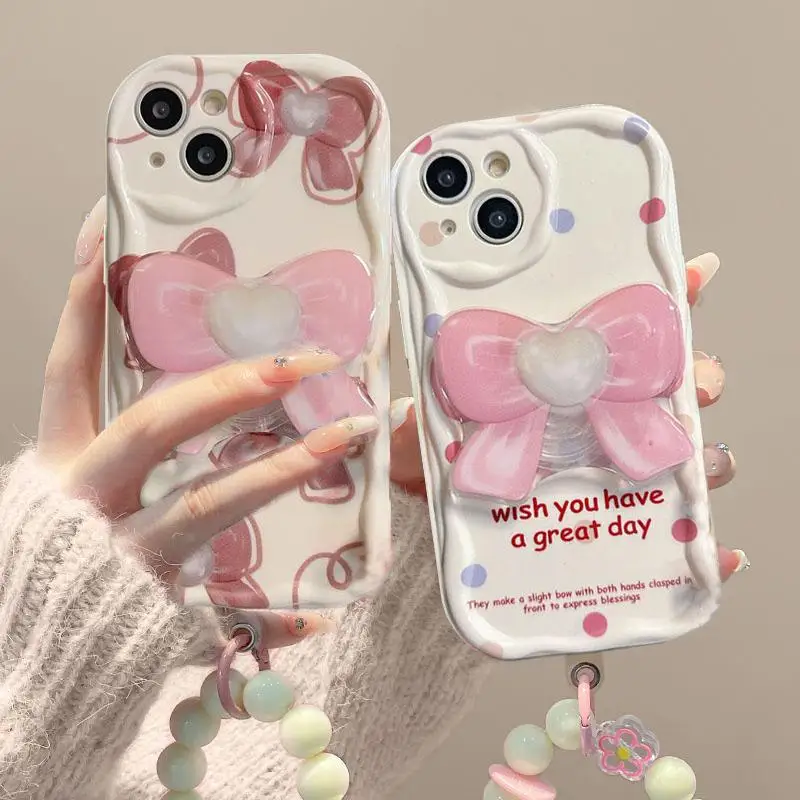 Cute Bow Bracket Holder Case For Samsung Galaxy A15 A54 A21S A22 A23 A24 A31 A32 A33 A34 S24 Plus Ultra Bracelet Chain Cover image 2
