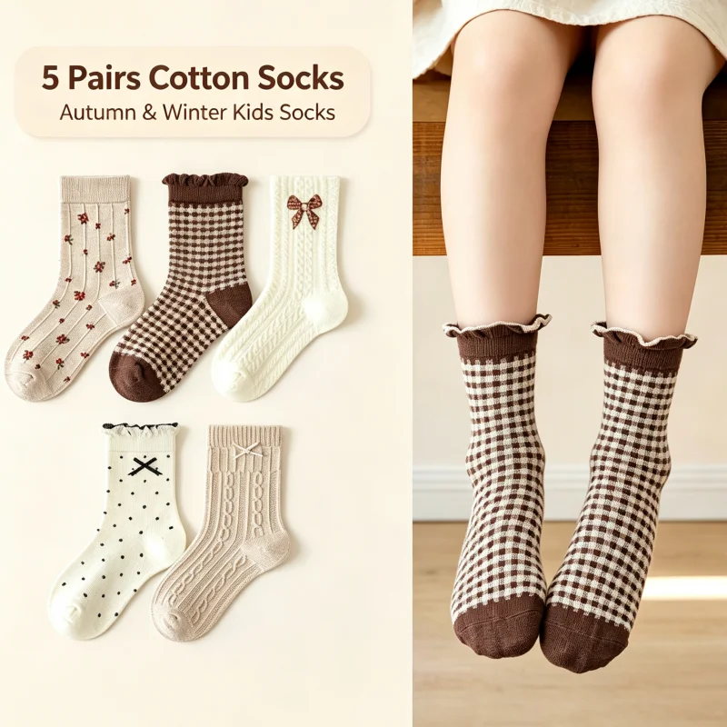 Kids Girls Cotton Crew Socks 5 Pairs Maillard Color Mid Calf Socks Cute Bow Plaid Floral Print Ruffle Cuff Children Casual Soc