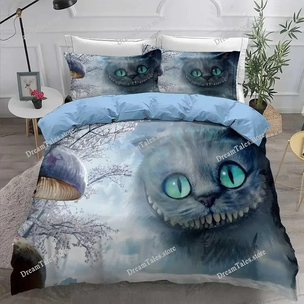 Wonderland Anime Cat Duvet Cover Set, Cheshire Cat Bedding Set Microfiber with Zipper Home Textileextile Luxury Gift