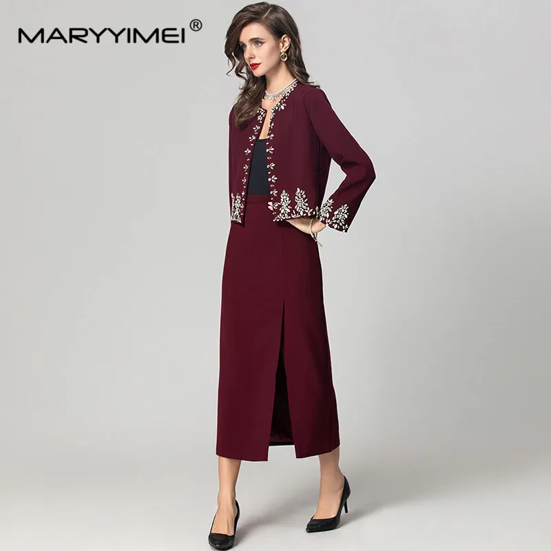 MARYYIMEI Autumn and Winter Women\'s Suit Long-Sleeved Pretty Crystal Beading Cardigan Tops+Straight Side Split Skirt 2 piece set