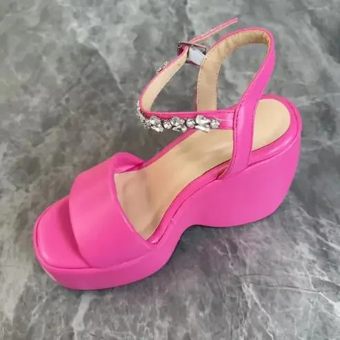 Hot Pink Lavender Soft Leather Thick Sole Platform Wedges Summer Sandals Bling Crystal Rhinestone Ankle Strap High Heel Shoes