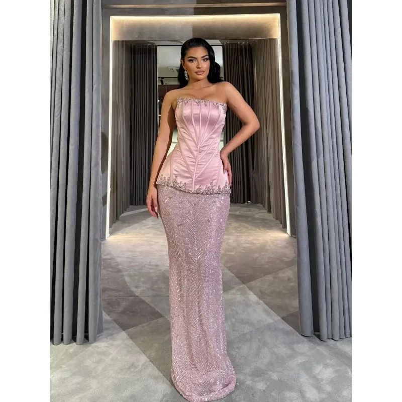 エレガントなストラップレスのスパンコール付きイブニングドレスセクシーなレースマーメイドウエディングドレスパーティードレス Vestdos De Fiesta カスタマイズ