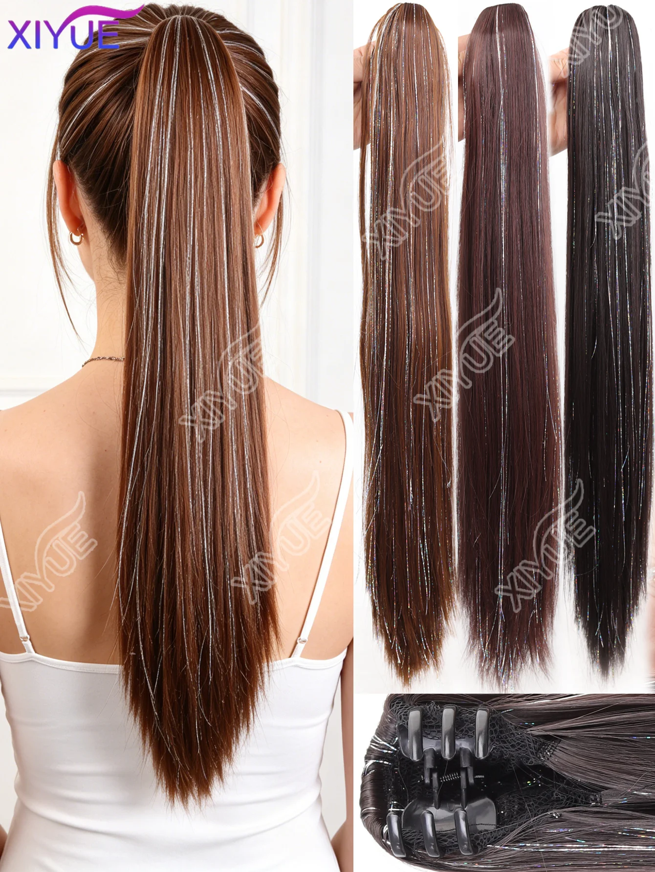 XIYUE 20Inch Synthetic Long Straight Claw Clip In Ponytail High Temperature Heat-Resistant Halloween Holiday Gift Party Hair