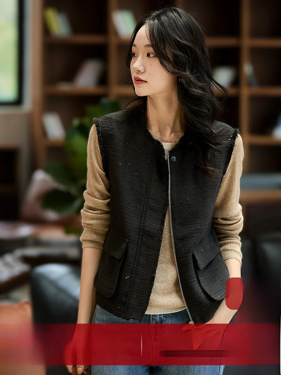 

Xhange Glowing Ele Commute Simple Tassel Bright Sequin Small Fraance Sle Autumn Winter Vest Polyester Fiber Zipper