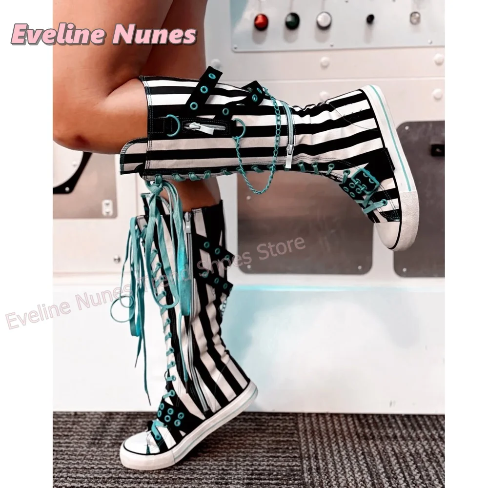 Y2K Gothic Striped Canvas Boots Chain Buckle Details Lace Up Mixed Color Side Zip Cosplay Women Knee High Boots Street Style