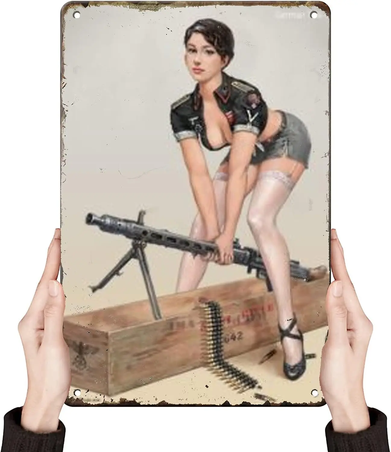 Army Pin Up Girl Tin Sign Sexy Hot Girl Metal Signs Nice Lady Wall Man Cave Decor Girls With Machine Guns & Bullets World Wa