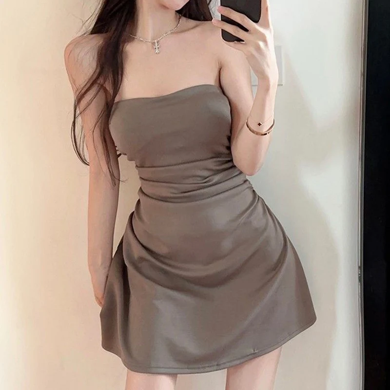 2025 Women Chic Solid Irregular Dress Summer Female Korean Concise Designer Short Skirts Girls Sexy One Shoulder A-line Dress