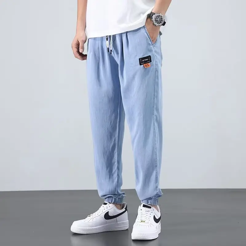 

Loose Straight Leg Jeans Men's Spring Autumn Style Elastic Waist Casual Harlan Pants Trendy High Waist Nine Point Jeans